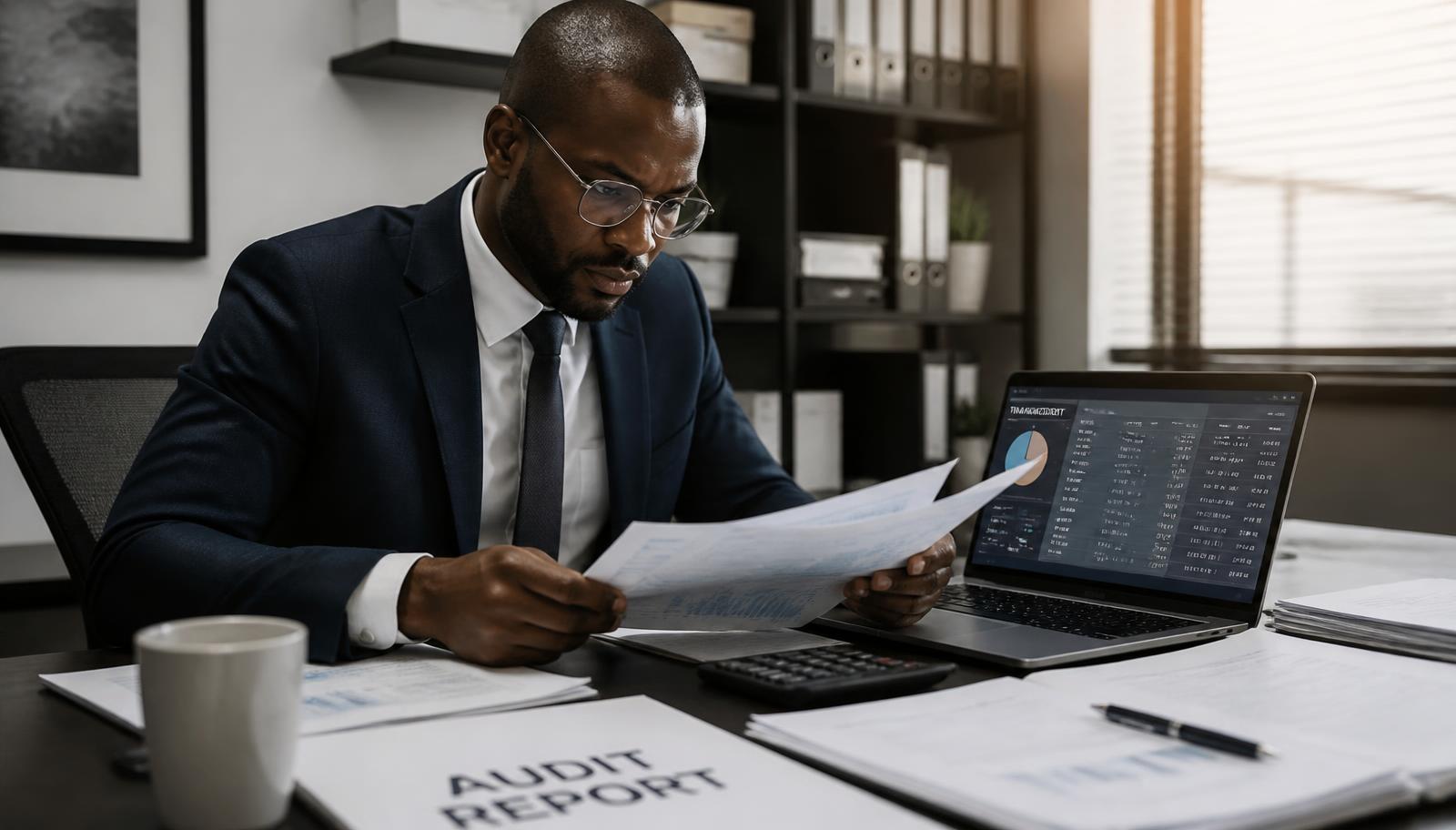 Auditeur africain analysant des documents financiers lors d'une enquête sur un détournement de fonds publics