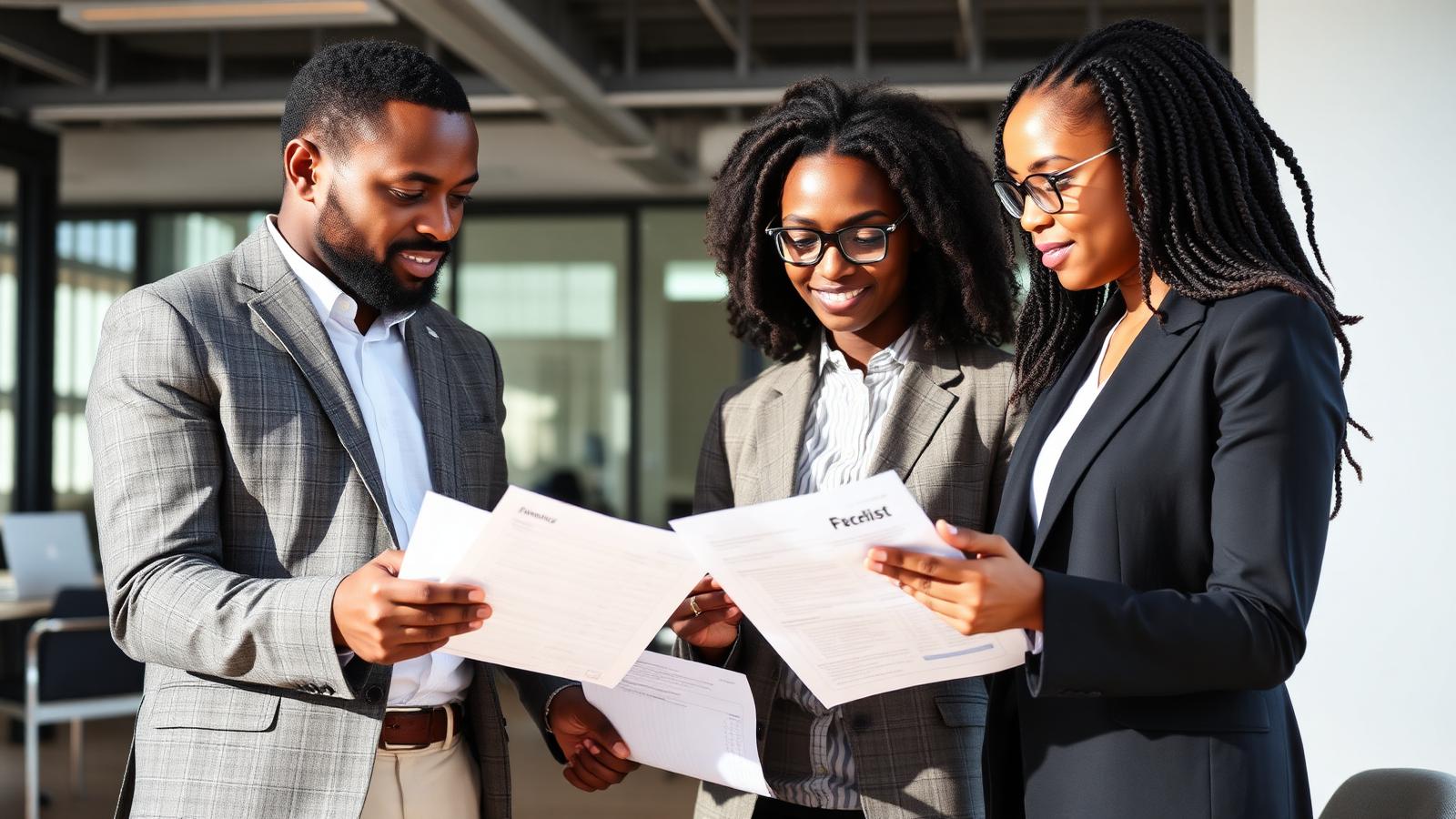 Équipe finance africaine passant en revue les contrôles internes d'une banque