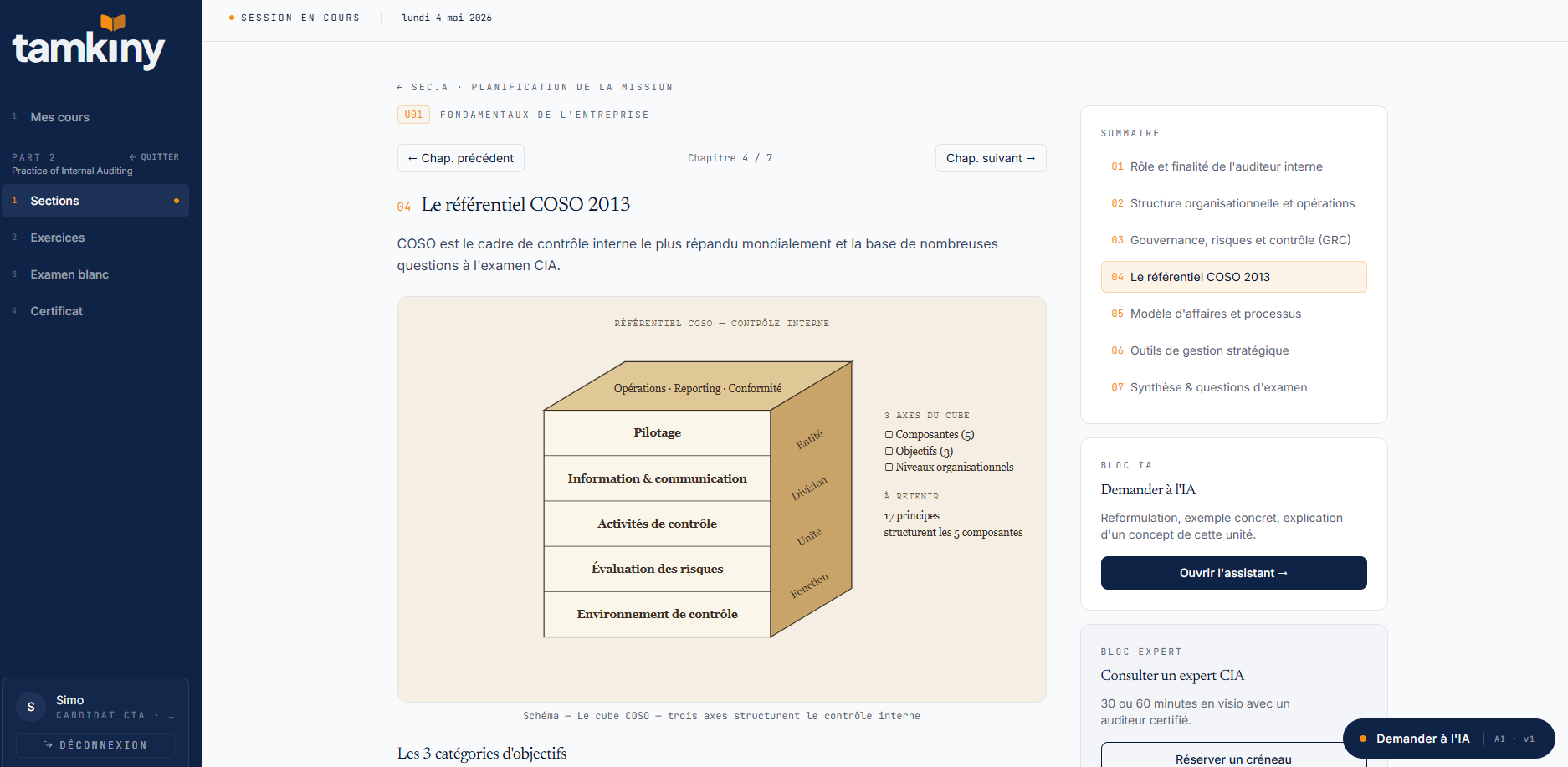 Aperçu d'un chapitre de cours Tamkiny avec schémas et sommaire